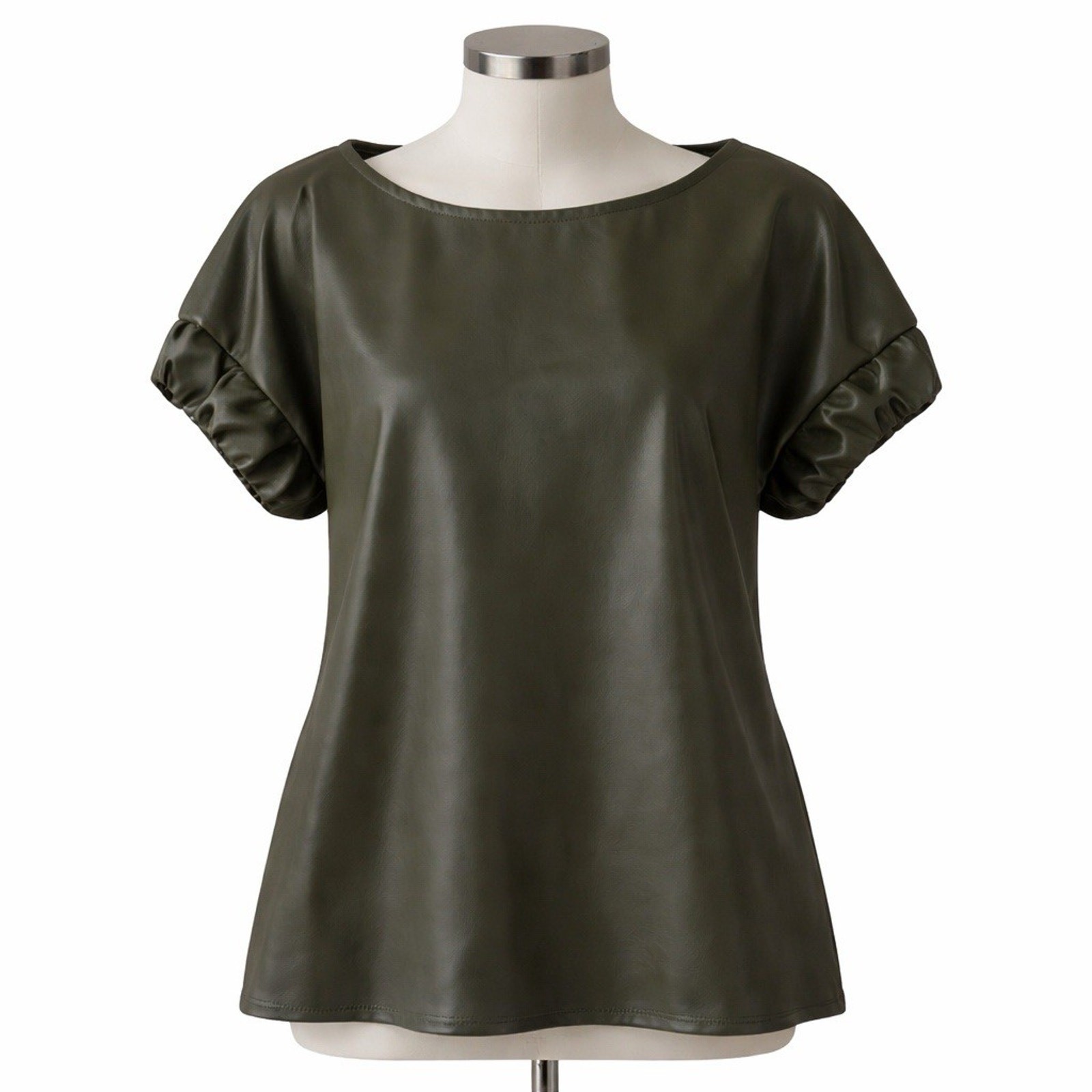 INCLAN STUDIO Olive Green Capsule Gathered Sleeve Vegan Leather Top Blouse L