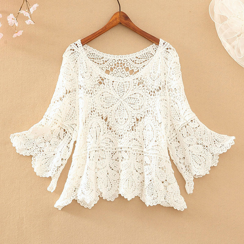 Women Crochet Crop Top Half Sleeve Hollow Bolero Shrug Shawl Sun Protection Top