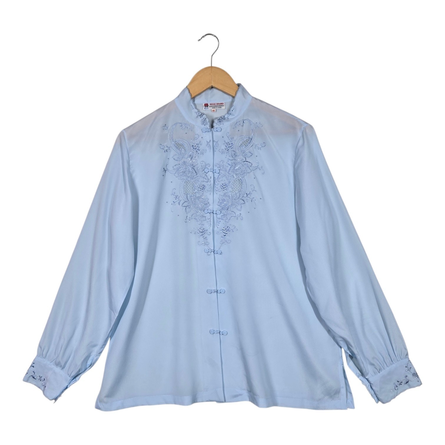 Vintage Rose Brand Top L Light Blue Hand Embroidered Cottagecore Grandma Chic