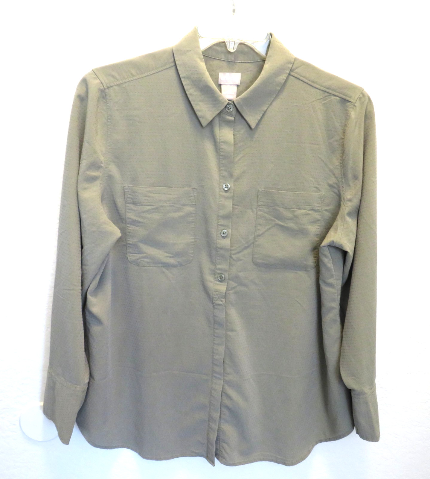 Chico’s Blouse Size 2 Olive Green Long Sleeve Stretch Modal Polyester Pocket MW