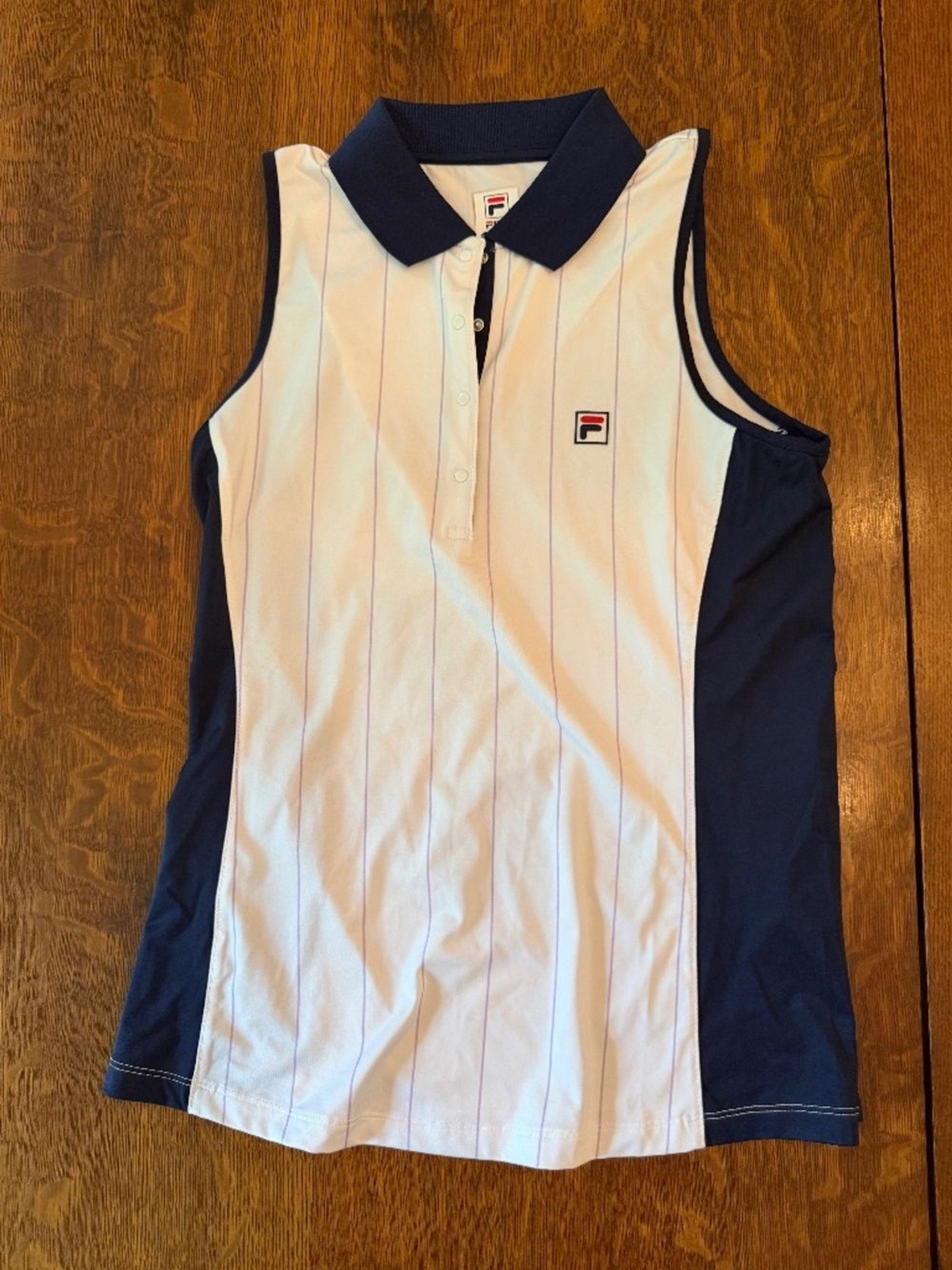 Fila Sport Sleeveless Golf Polo Top White Navy Pinstripe Size XS