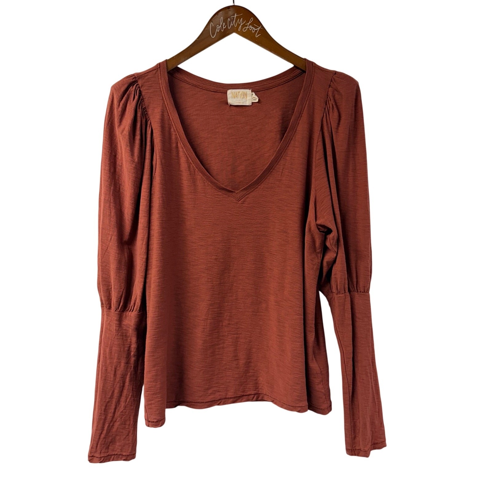 Nation LTD Los Angeles Puff Sleeve Top XL Peru Cotton Brown