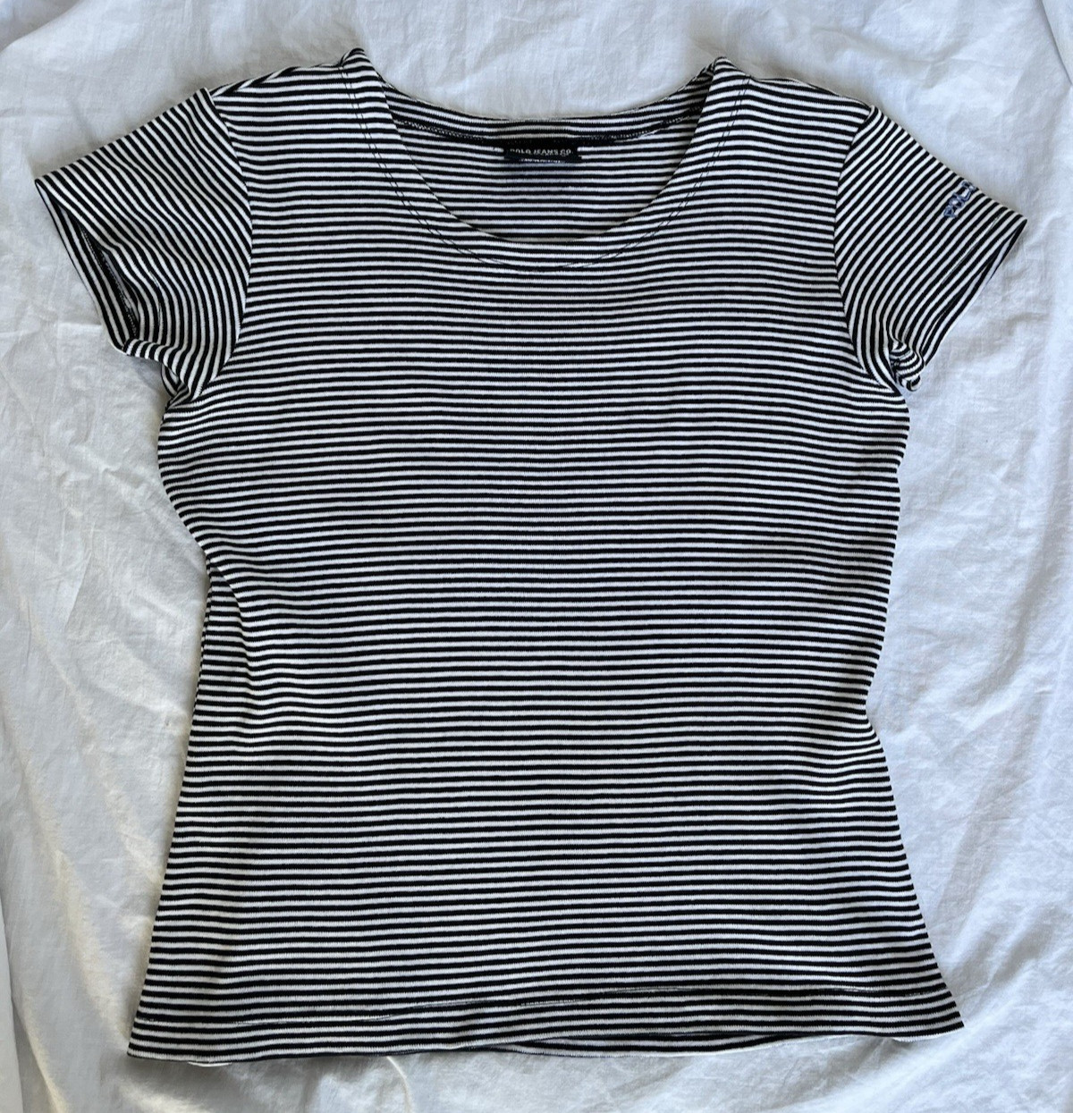 Vintage 90s Y2K Polo Jeans Classic Striped Tee Basic Cotton Top Womens M USA