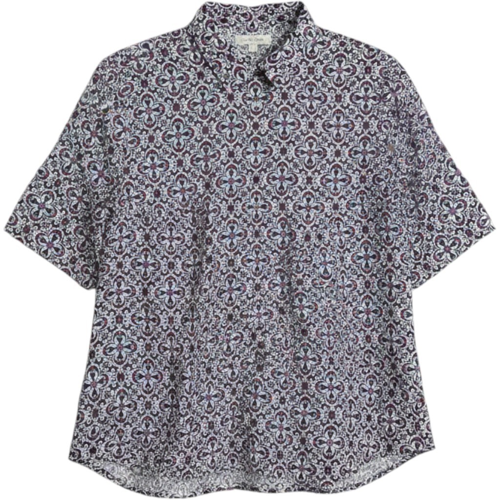 Talbots Womens Button Up Shirt M/P Navy Printed Geo Abstract Casual Luxe Neutral