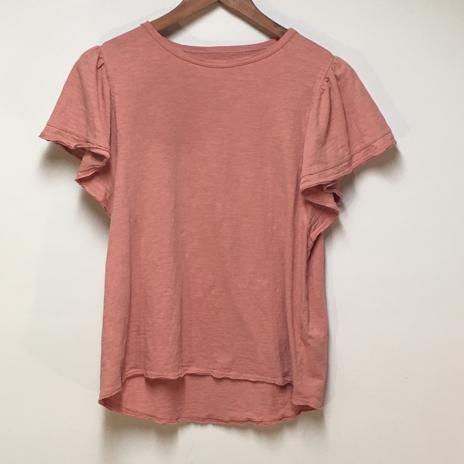 Dip Flutter Sleeve T-Shirt Women Large Pink Organic Cotton Ruffle Cottagecore