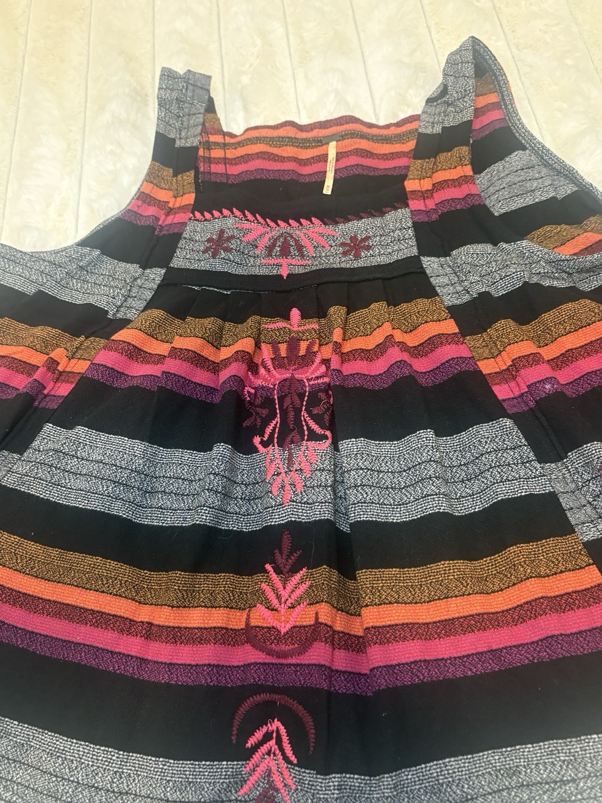 Boho Free People Swing Tank Top Women’s Medium Black Stripe Embroidered Cutout