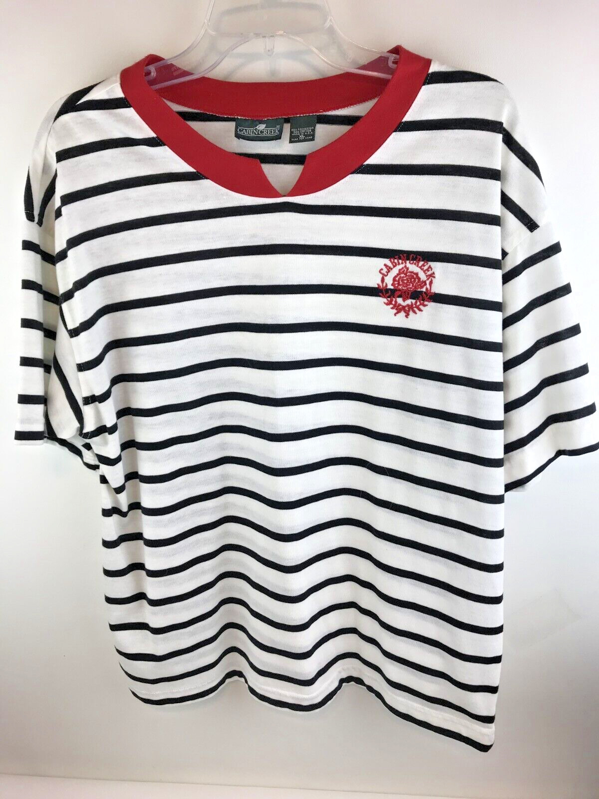 Vintage. Cabin Creek Black & White Striped Short Sleeve Tee Split Round Neckline