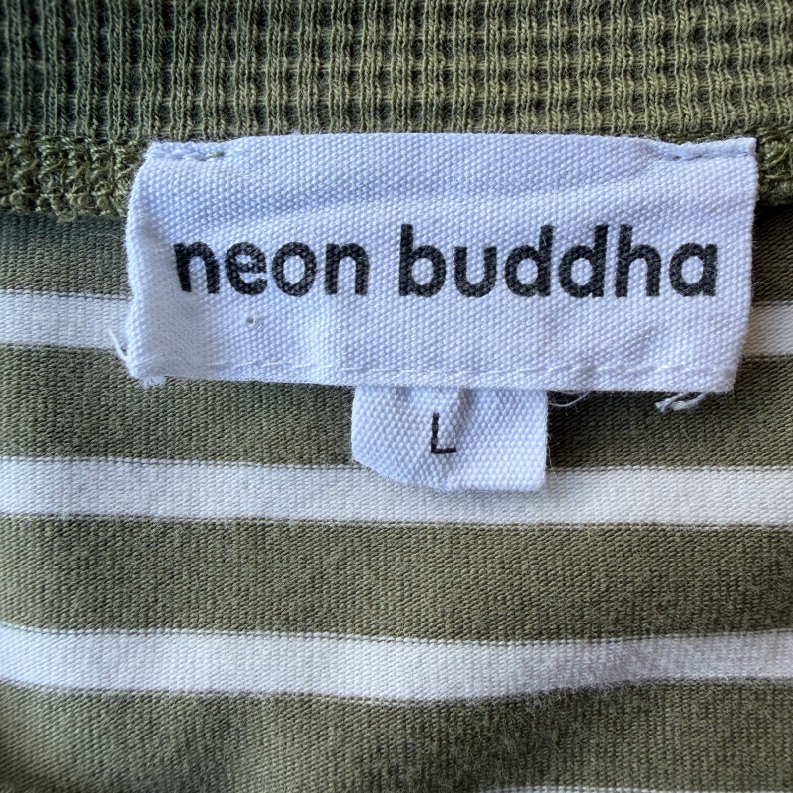 Neon Buddha Striped Cotton Top Olive Green Waffle Knit Sleeve L Gorpcore Granny