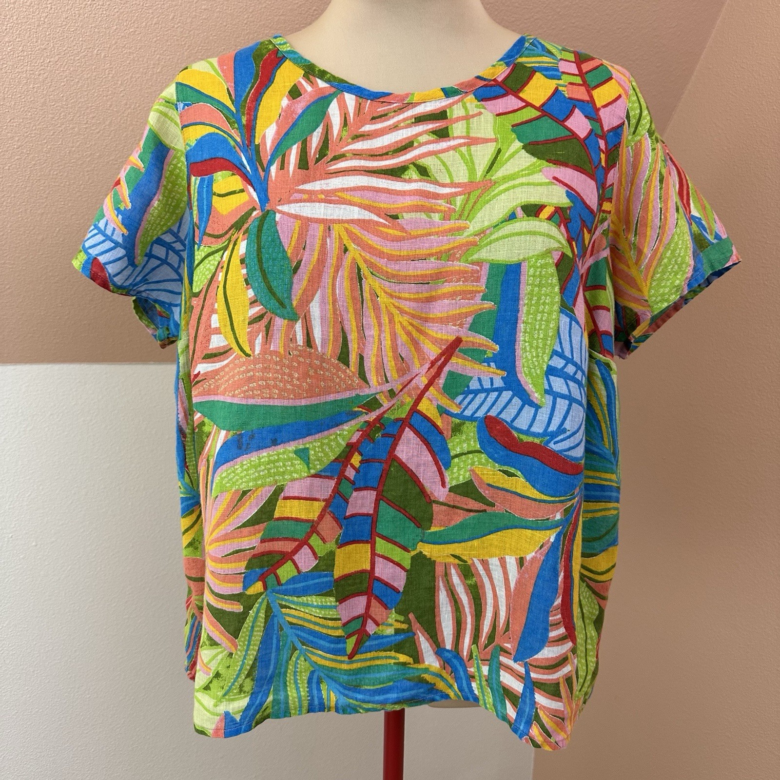 C&C California 100% Linen Top Womens 1X Tropical Island Print Boho Coastal Beach