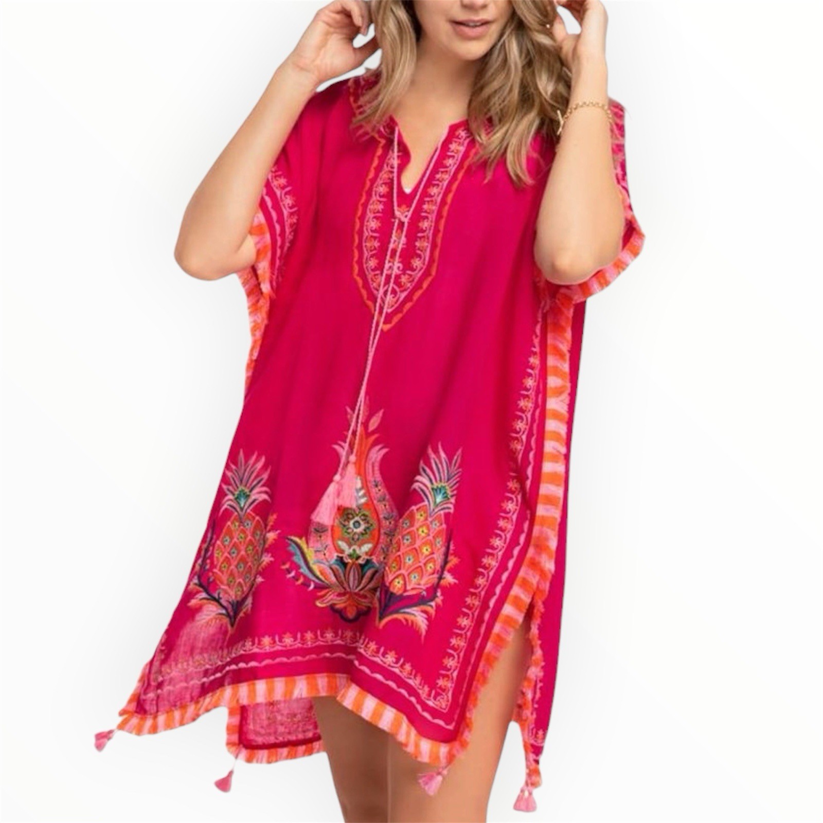NWT Spartina 449 Kaftan Beach Cover Up Pineapple Embroidered Swim Fuchsia Pink