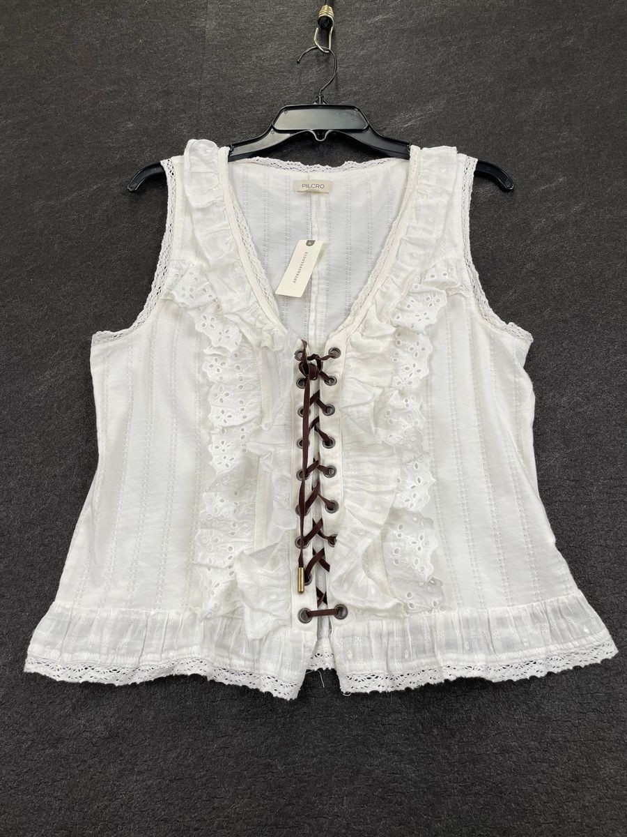 PILCRO By Anthropologie Eyelet Ruffle Tank Women’s Size L White