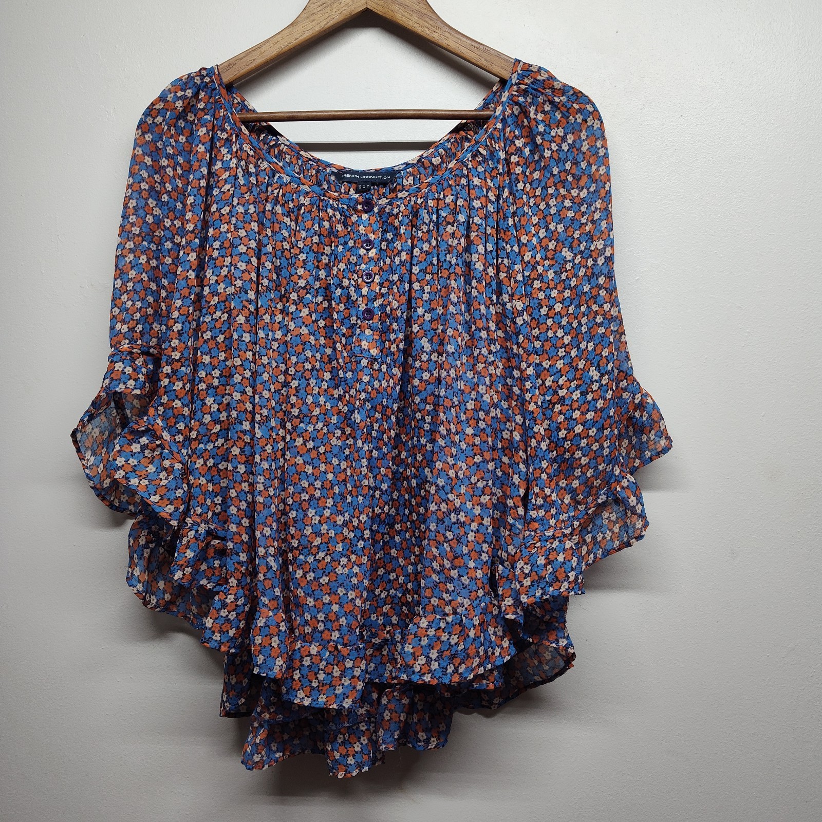 French Connection Blouse Top Women Size 6 Blue Floral Short Sheer Girly Spring