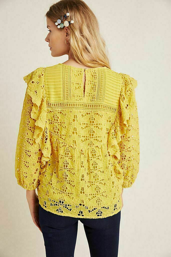Anthropologie Clementine Blouse Eyelet Ruffle Pullover Puffed Sleeve Top XS US 2