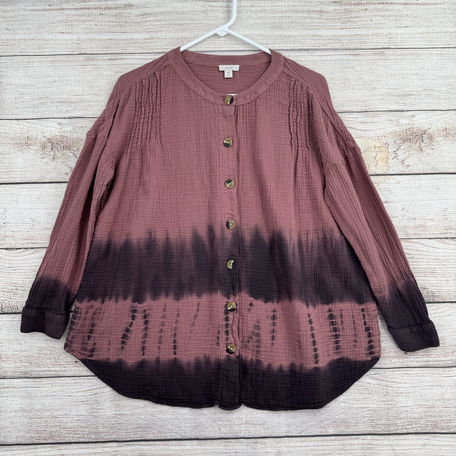Pure Jill Shirt Womens Medium Petite Purple Tie Dye Button Front Cotton Top