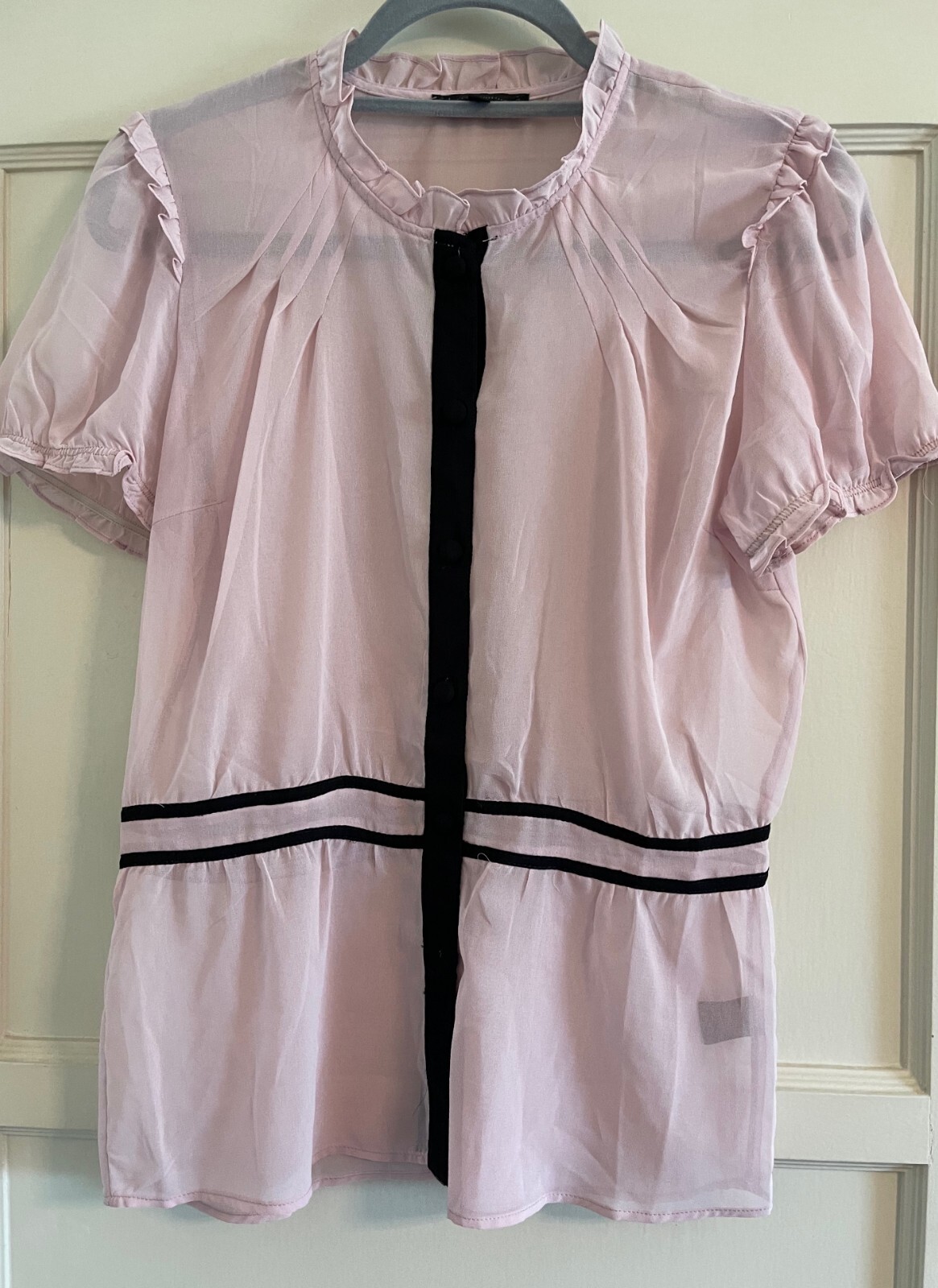 LUCCA COUTURE, WOMEN’S M SHEER PALE PINK & BLACK CONTRAST, BUTTON FRONT BLOUSE