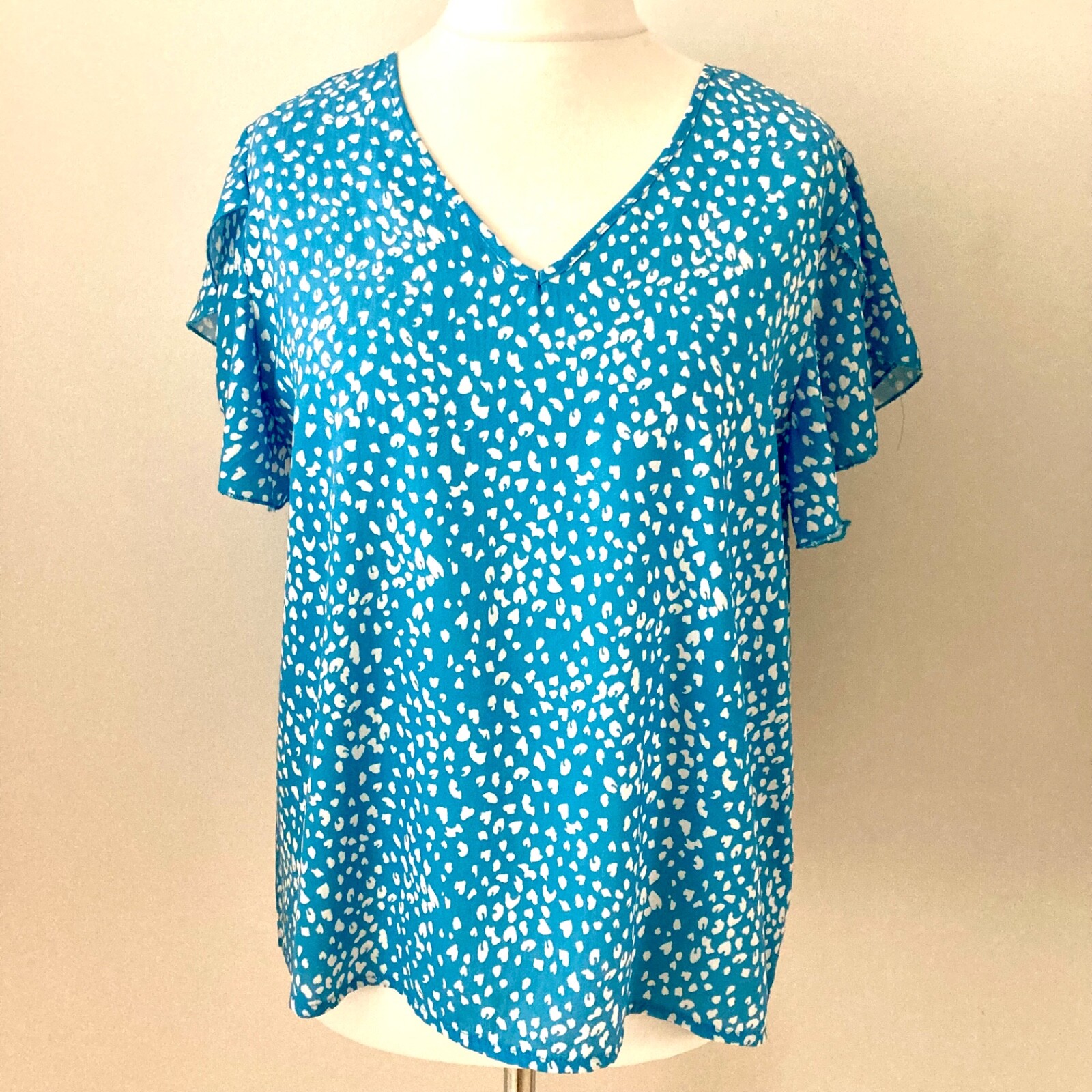 Shein Niay Size XL UK 16 Blue White Blouse Short Angel Sleeves V Neck