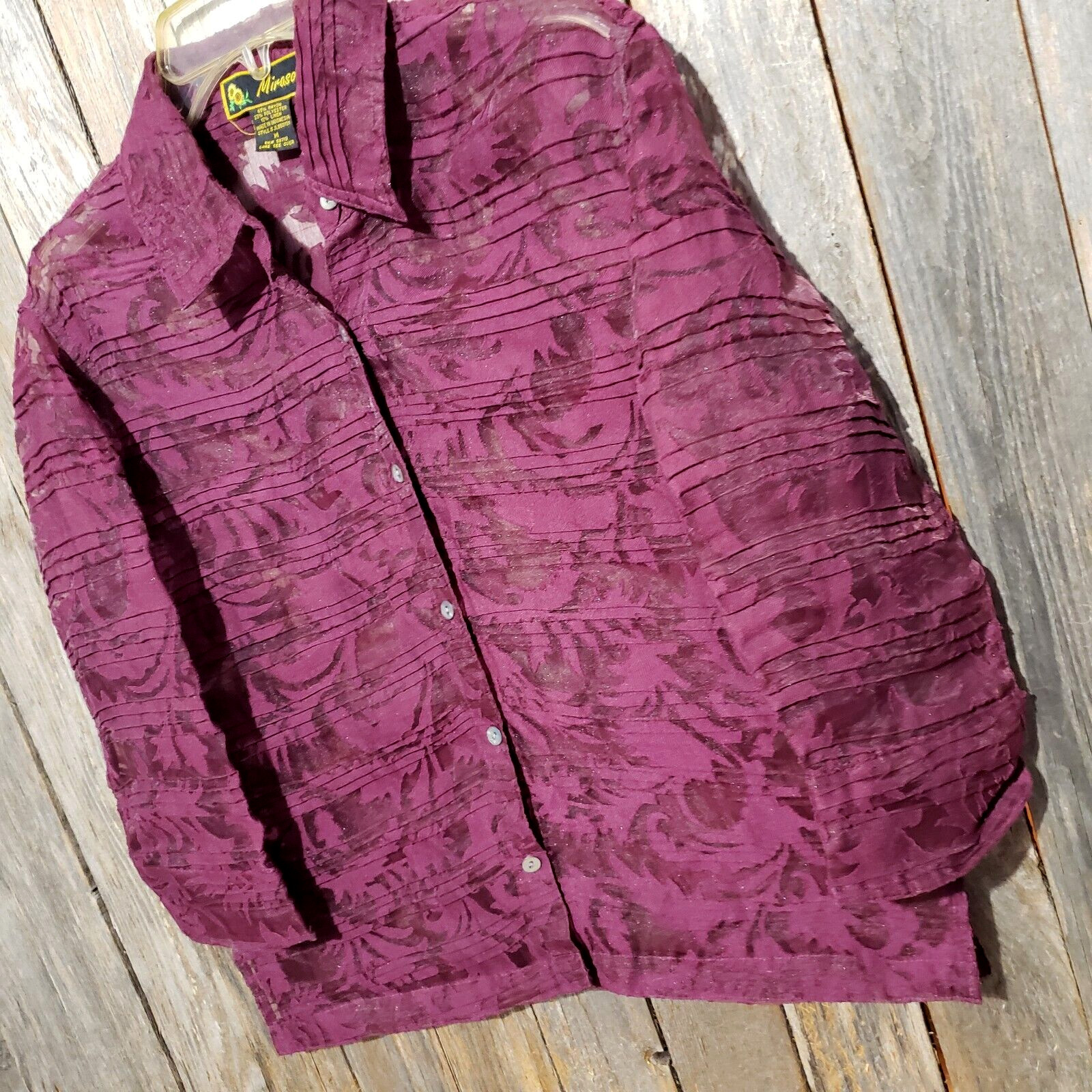 Mirasol Top Burgundy Sheer Button Burnout Office Indie Artsy Boho Chic Size M