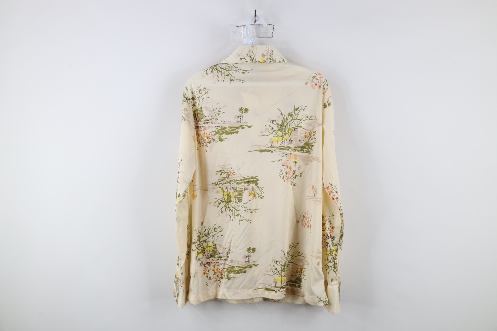 Vintage 70s Streetwear Womens Large Sheer Flower Knit Collared Button Shirt USA