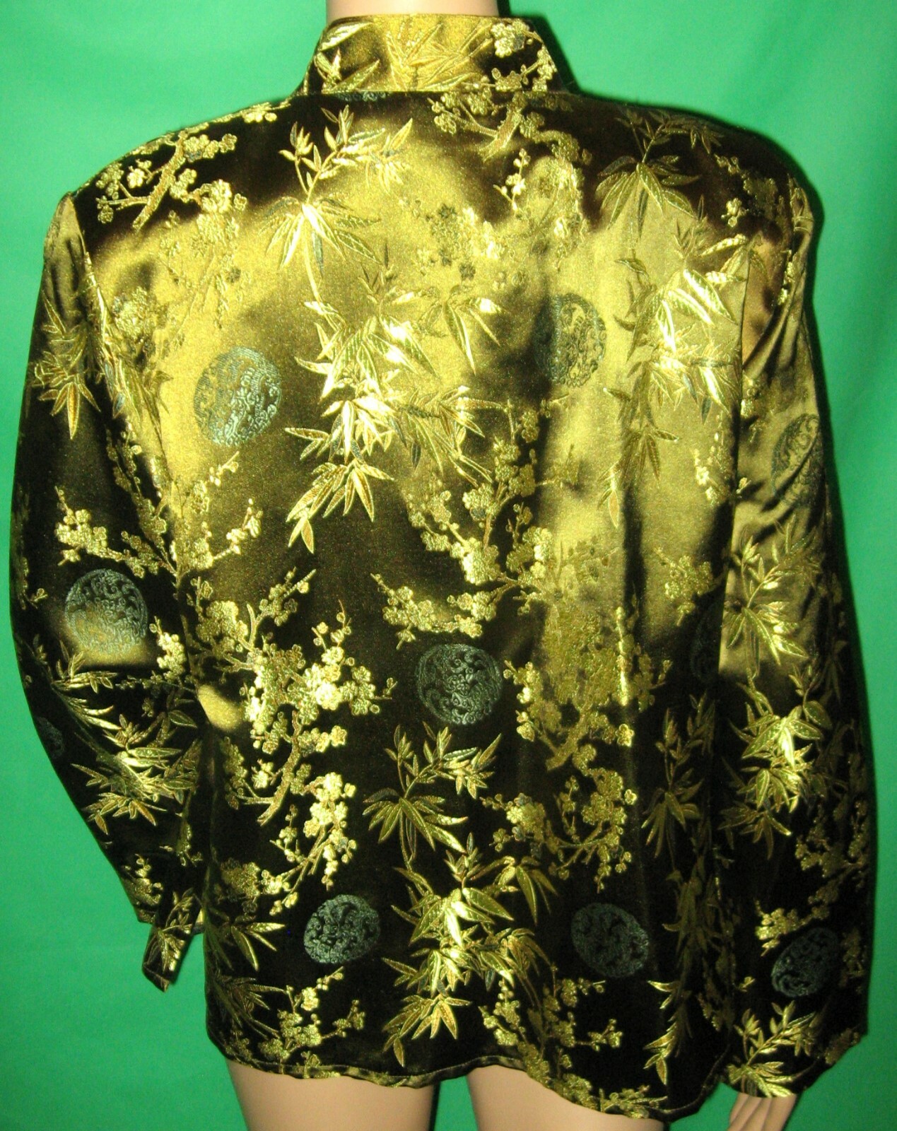 M clio SILKY SATIN embroidered blouse shirt bamboo vtg flower chinese mandarin