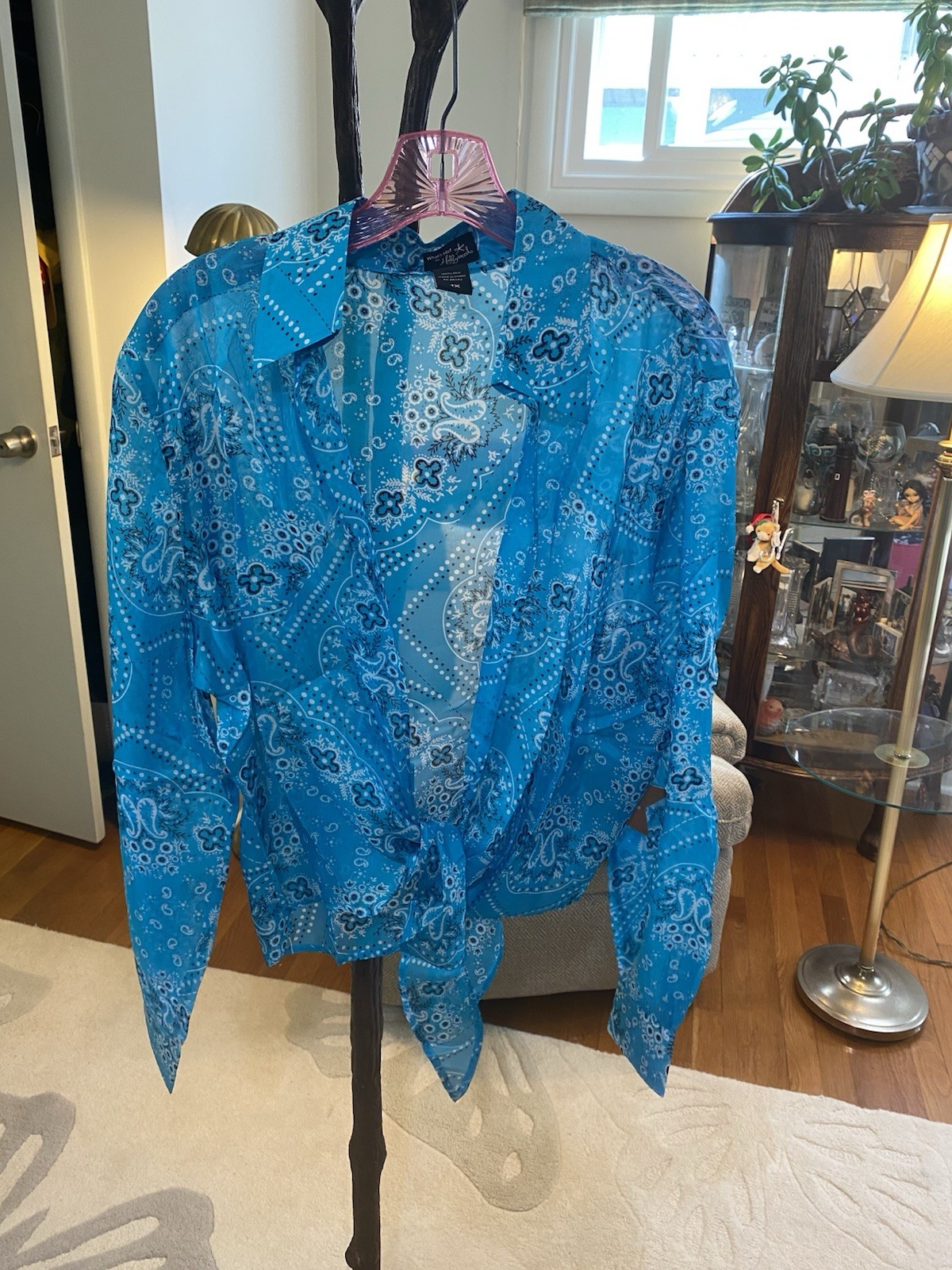 Hot in Hollywood Turquoise Blue Bandanna Pattern Silk Tie Blouse 1X NWT