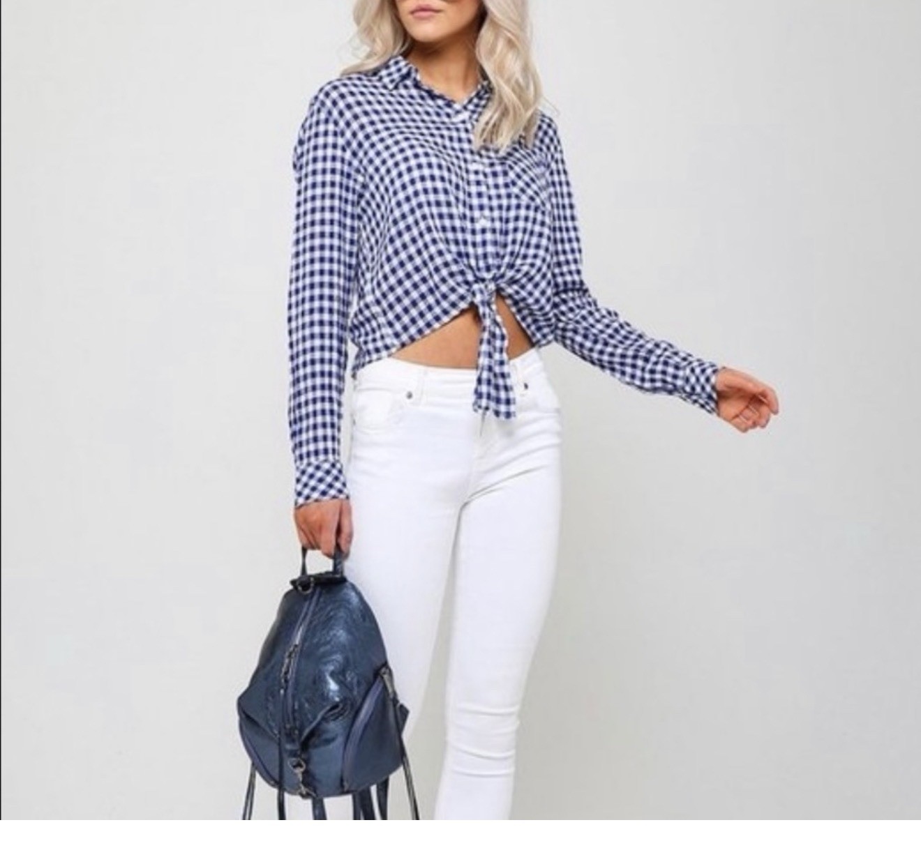 Rails Women’s M Blue/White Gingham Collared Long Sleeve Button-Up Tie Front