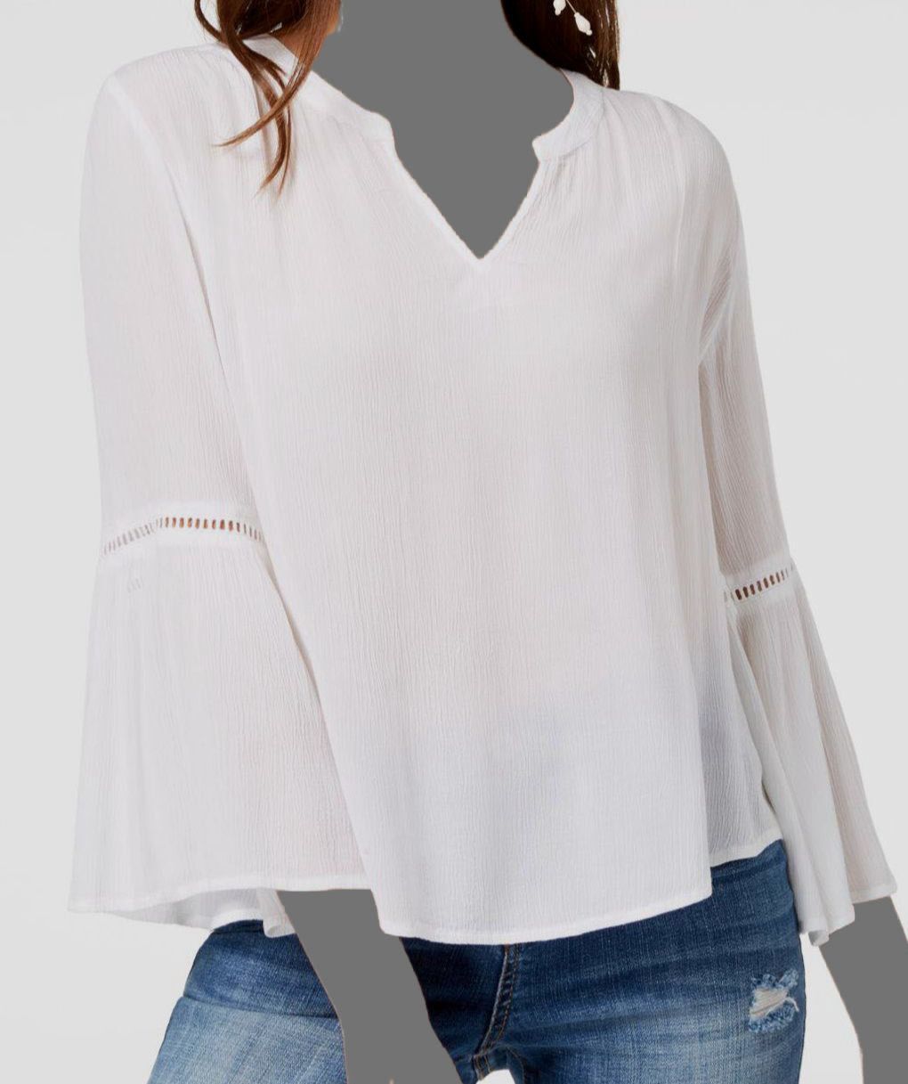 I.N.C International Concepts Women’s White Bell-Sleeve Ladder Blouse Top Size L