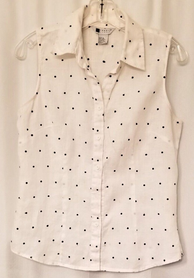 Women’s Linen Top Embroidered Polka Dot Sleeveless White Carole Little Medium