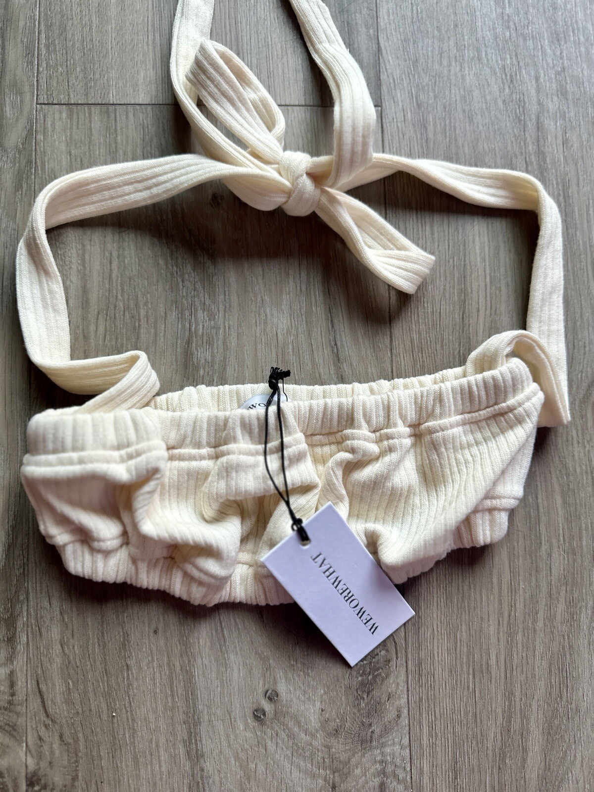 WeWoreWhat Cream Halter Bra Top Ribbed Ruched Knit Tie Neck Minimal Women’s XXS