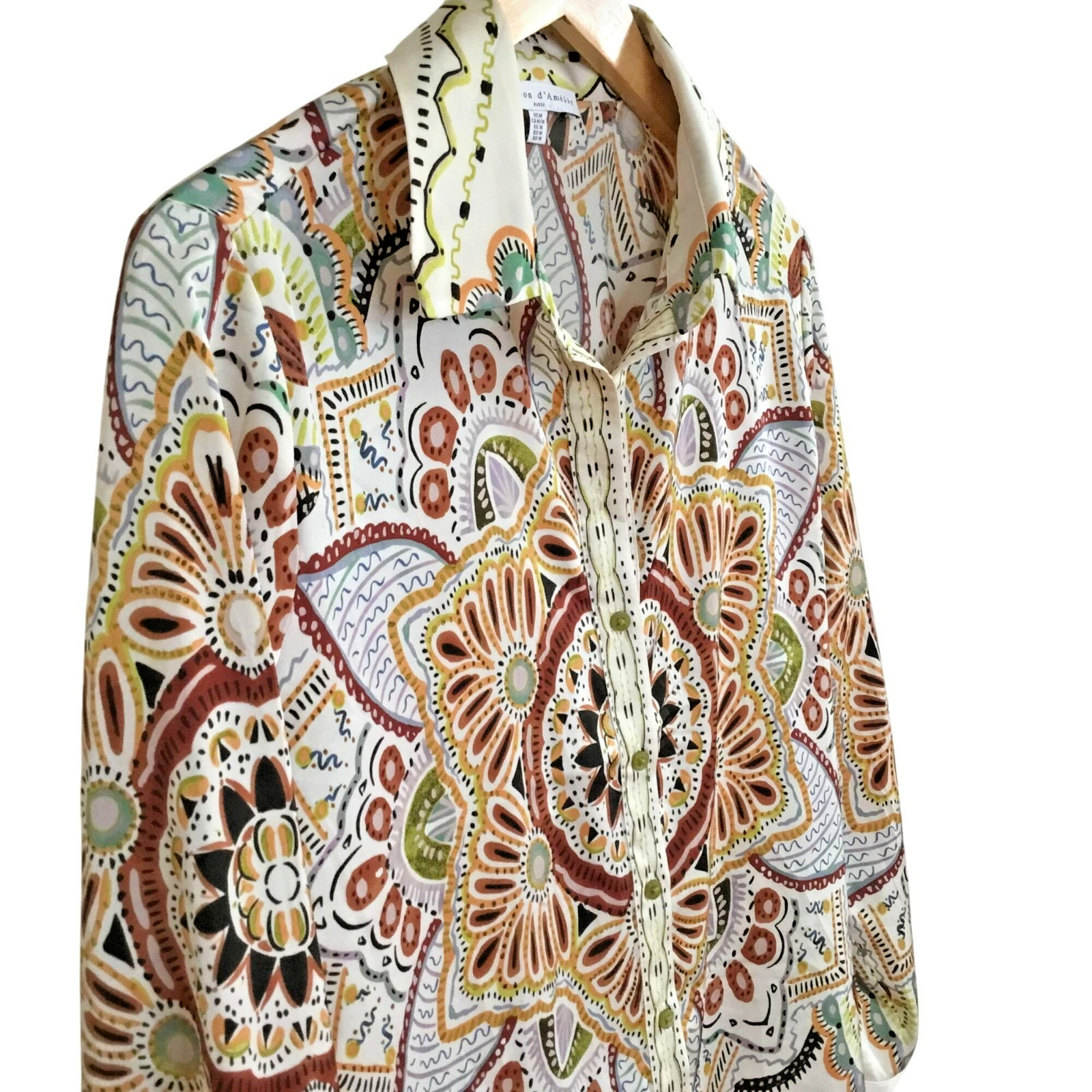 MAISON D’AMÉLIE Paris Cream Multicolor Mandala Button Blouse Top M Boho Art NWOT