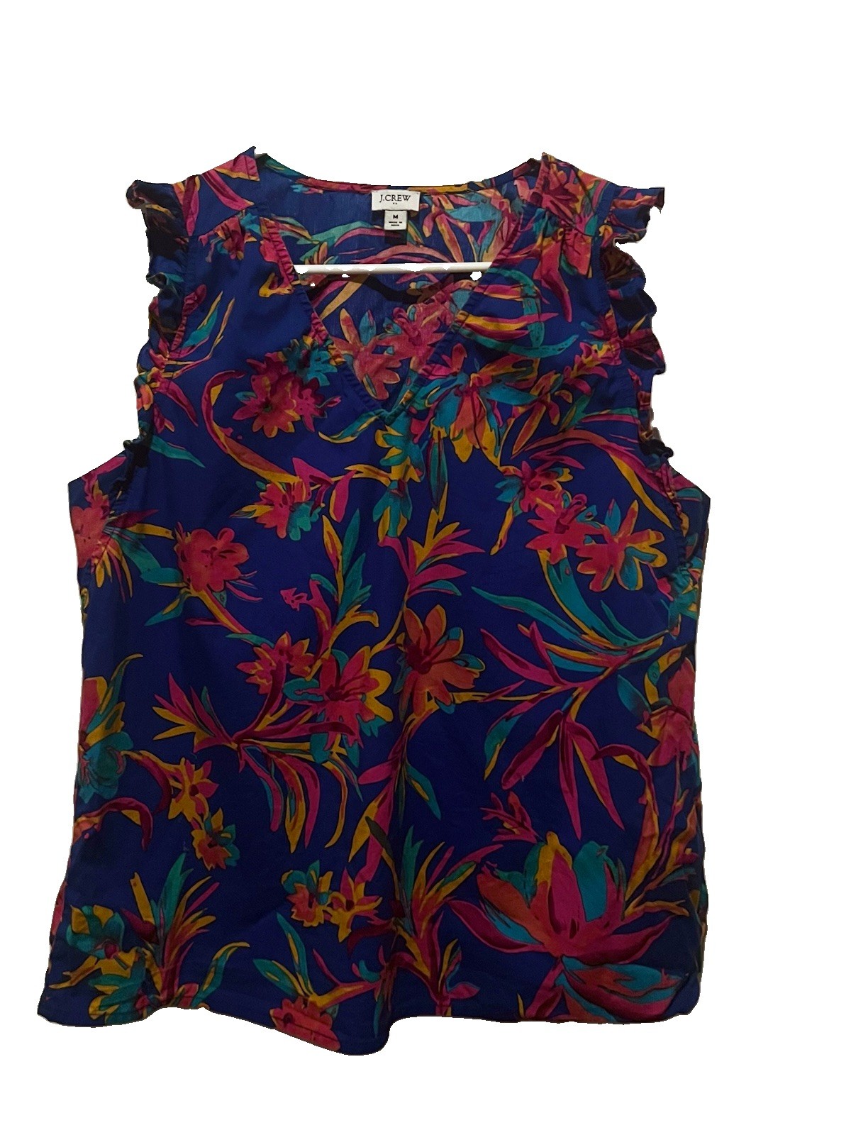 J.Crew Blouse Top Size Medium Blue Pink Floral Ruffle Sleeve 100% Cotton V Neck