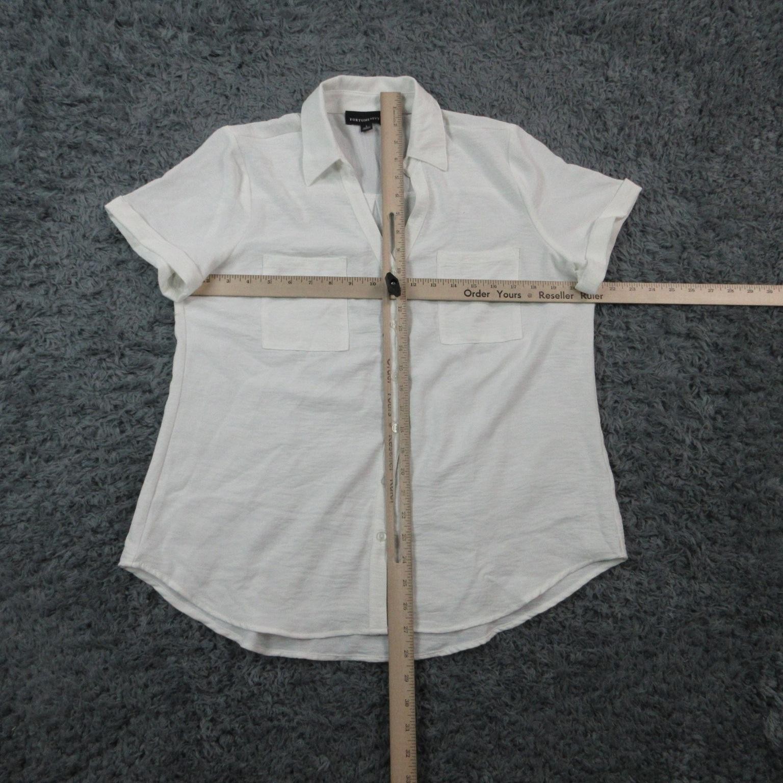 Fortune+Ivy Button-Up Womens L White Short Sleeve Collared Polyester Pockets