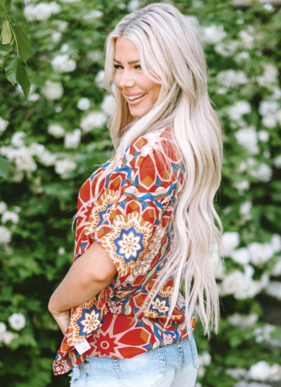 Boho Red Floral V Neck Short Sleeve Batwing Blouse