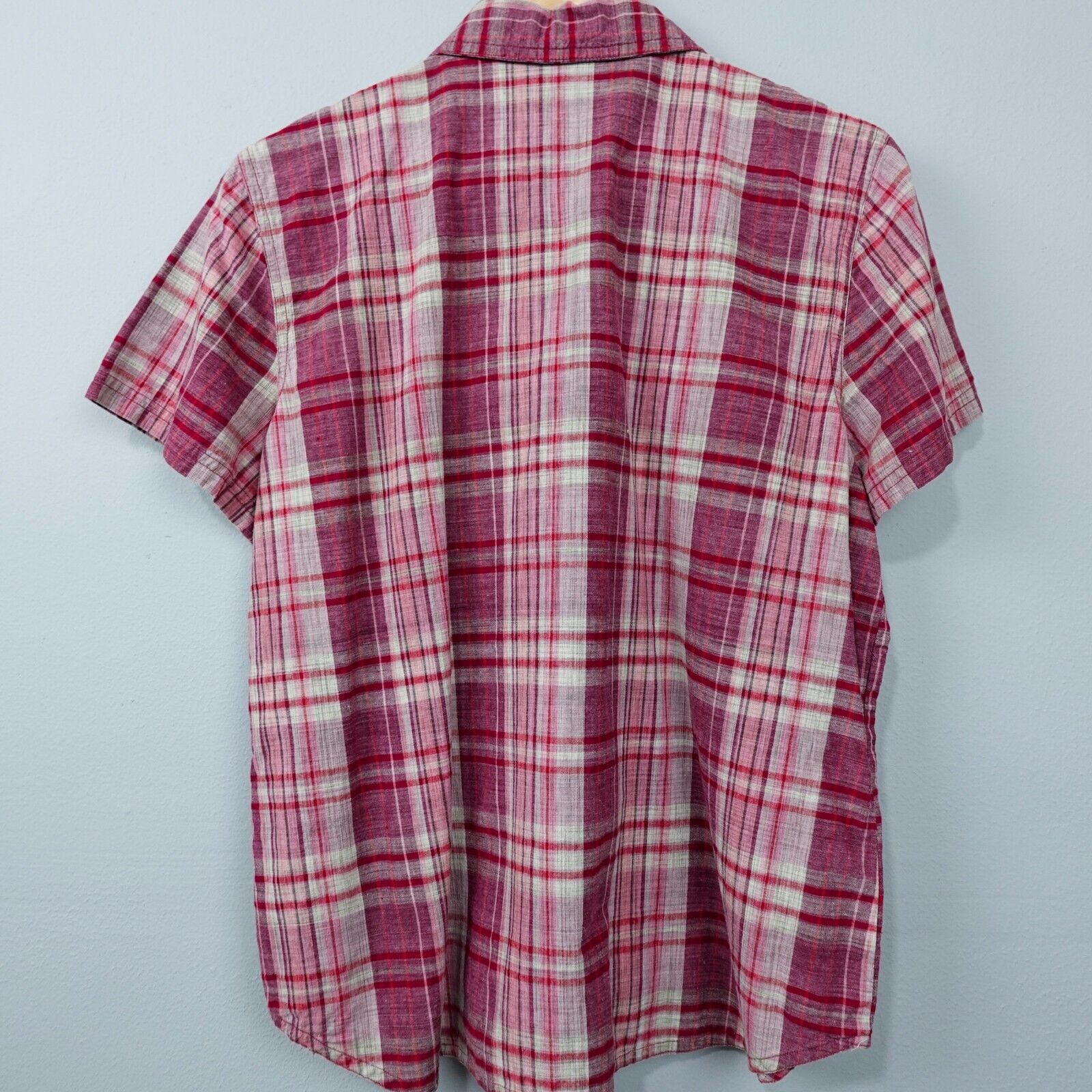 Vintage Petite Access Button Up Shirt Sz PL Dark Pink Beige Plaid Casual Top