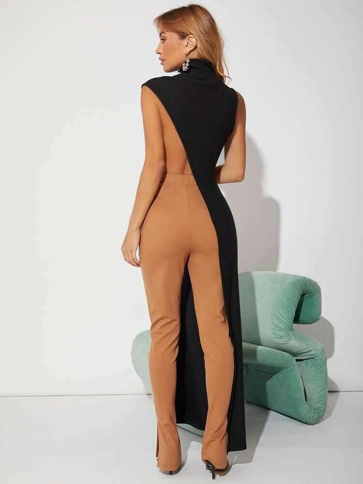 Elegant Ribbed Black Mock Neck Split Thigh Longline Asymmetrical Pullover Top L