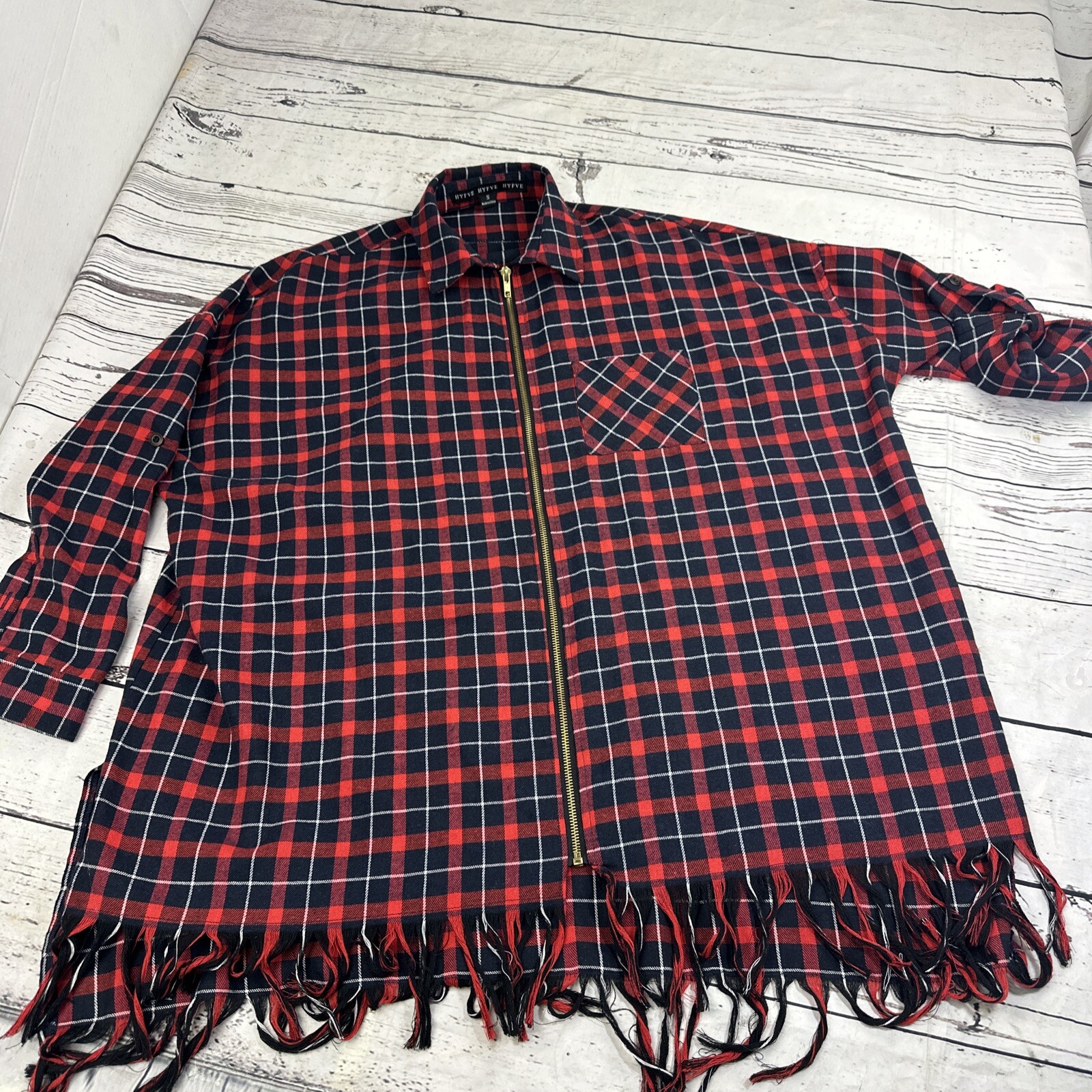 HYFVE Shirt XL Top Shacket Jacket Red Black Full Zip Fringe Flannel Plaid