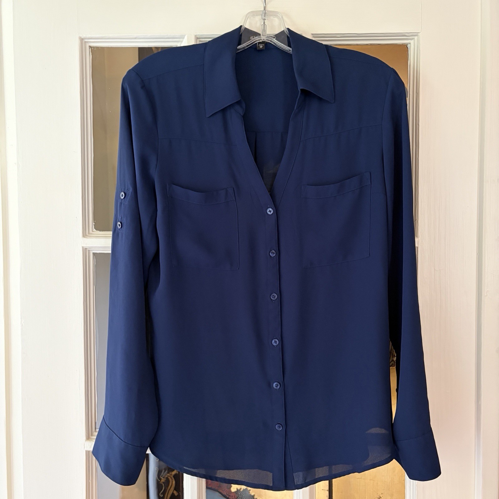 Express Blue Blouse Top SZ M Roll Tab Sleeves Womens Front Pockets Classic