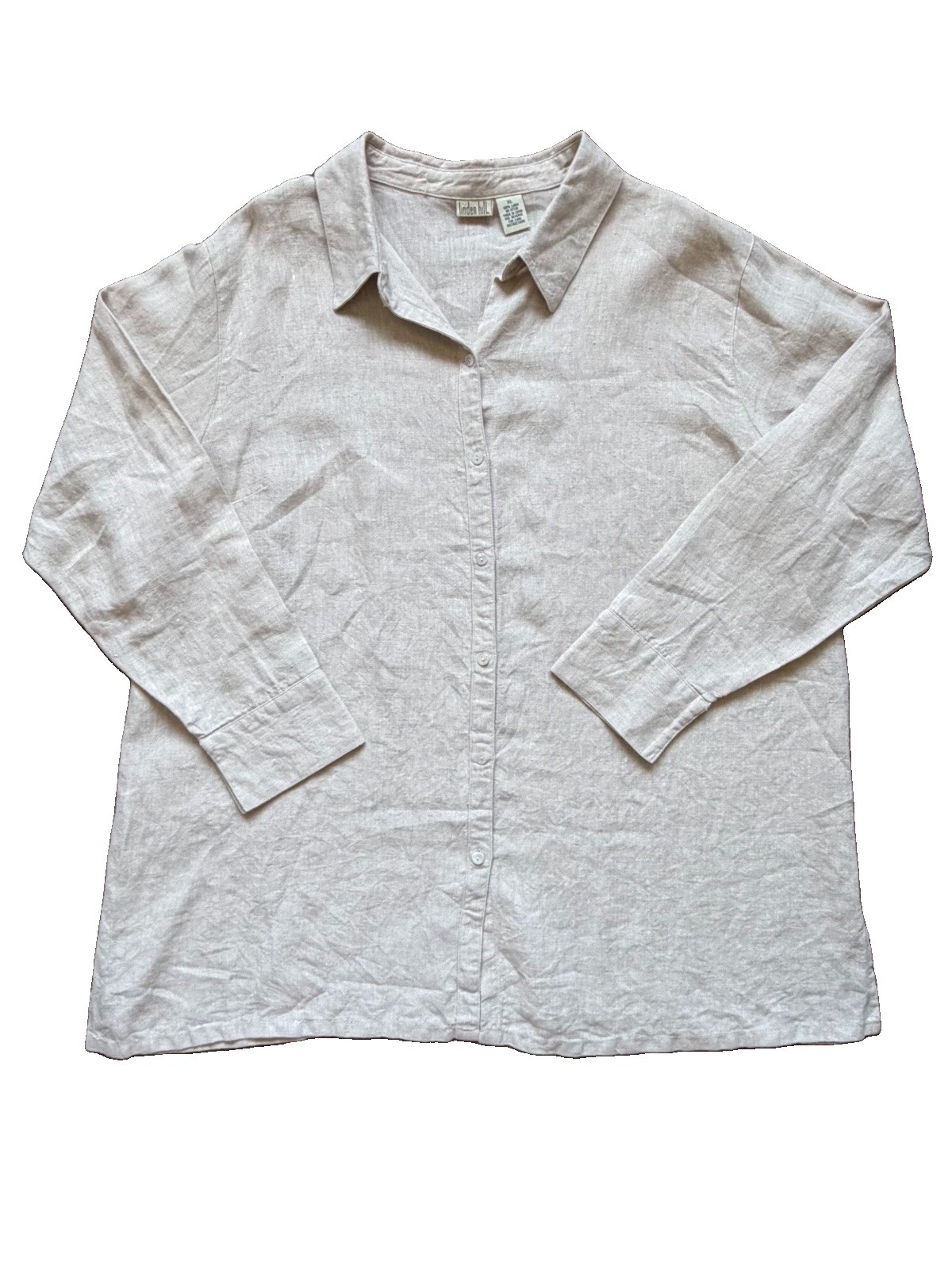 Linden Hill 100% Linen Button Up Shirt Women’s XL Beige Long Sleeve Relaxed Fit