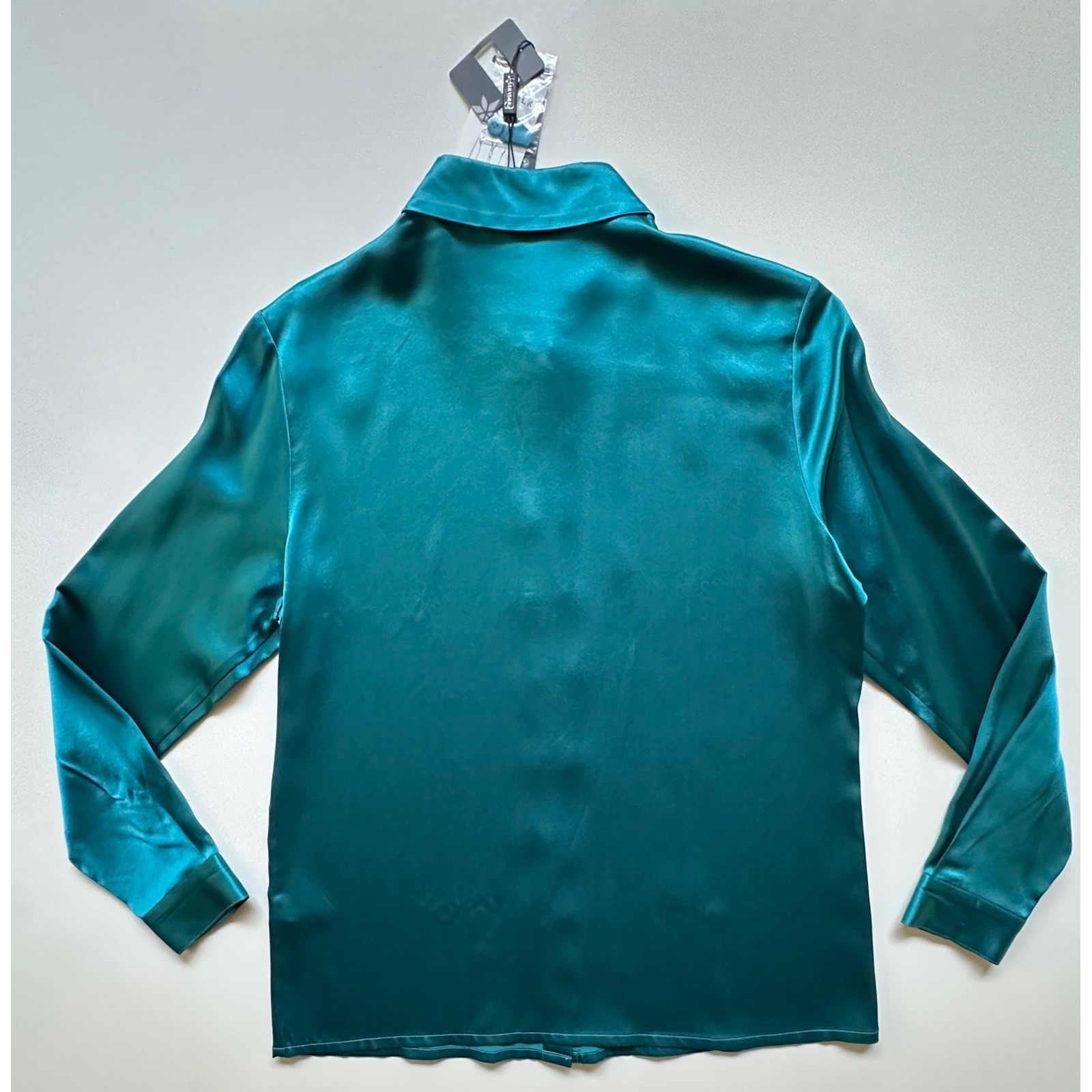 LilySilk Women 22 Momme Mulberry Silk Shirt Teal Green Button Up Blouse Size S