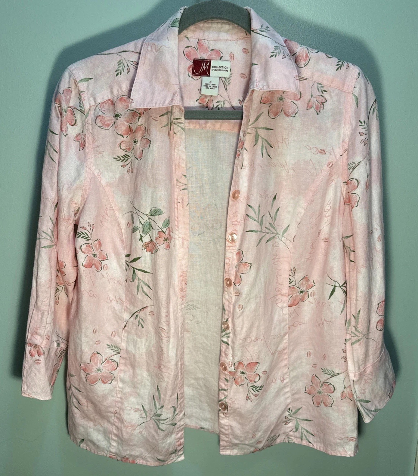 JM Collection Floral Cottagecore Linen Shirt 8 Tropical Cruise Button Blouse
