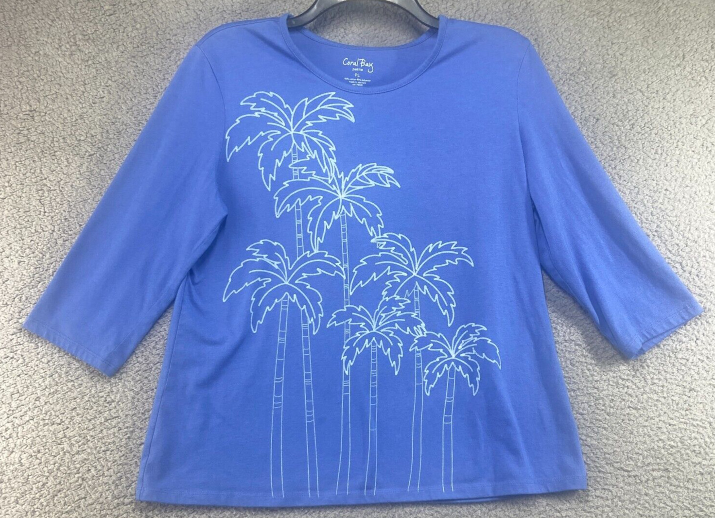 Coral Bay Petite Women’s Blue Palm Tree 3/4 Sleeve Top Size PL