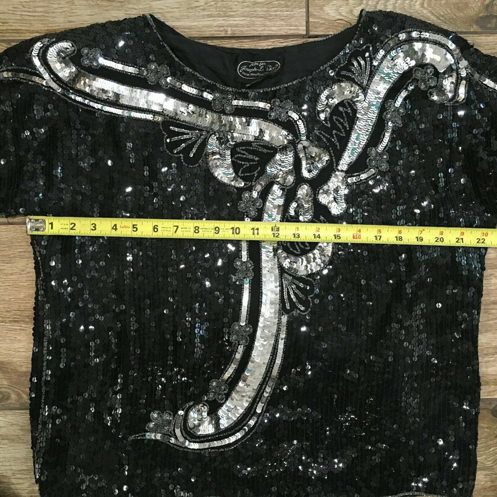 Vintage JEAN for JOSEPH LE BON Silk Black Sequined Floral Top Large Glam