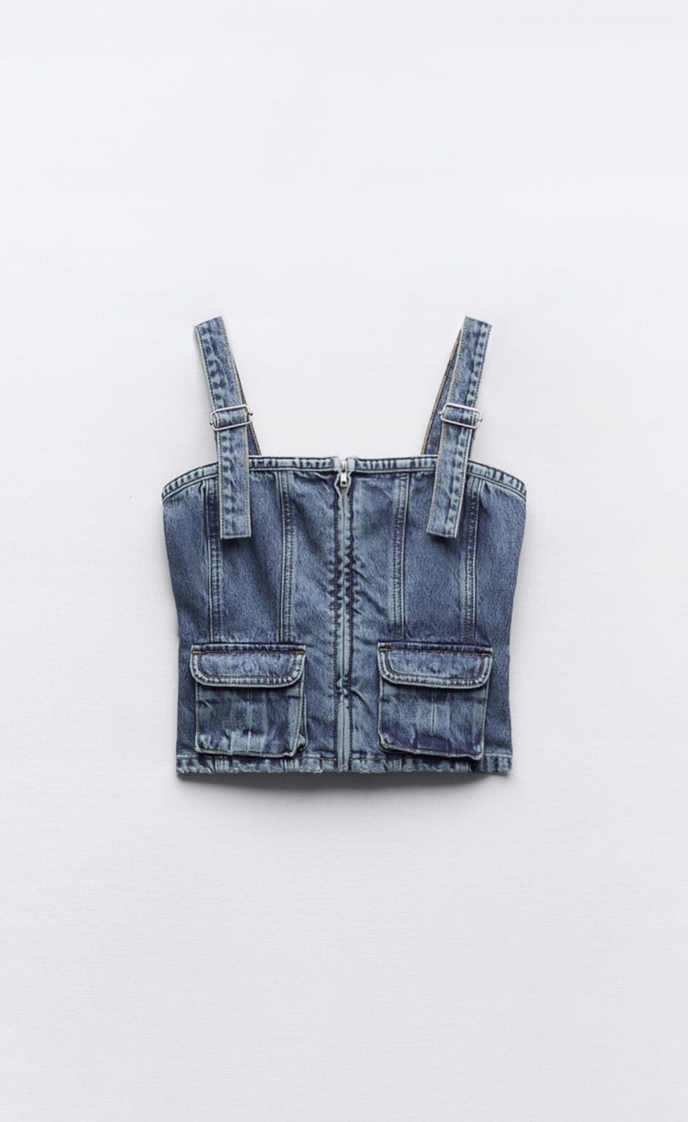 Zara Denim Top, With Square Neckline Adjustable Strap Patch Pocket Small