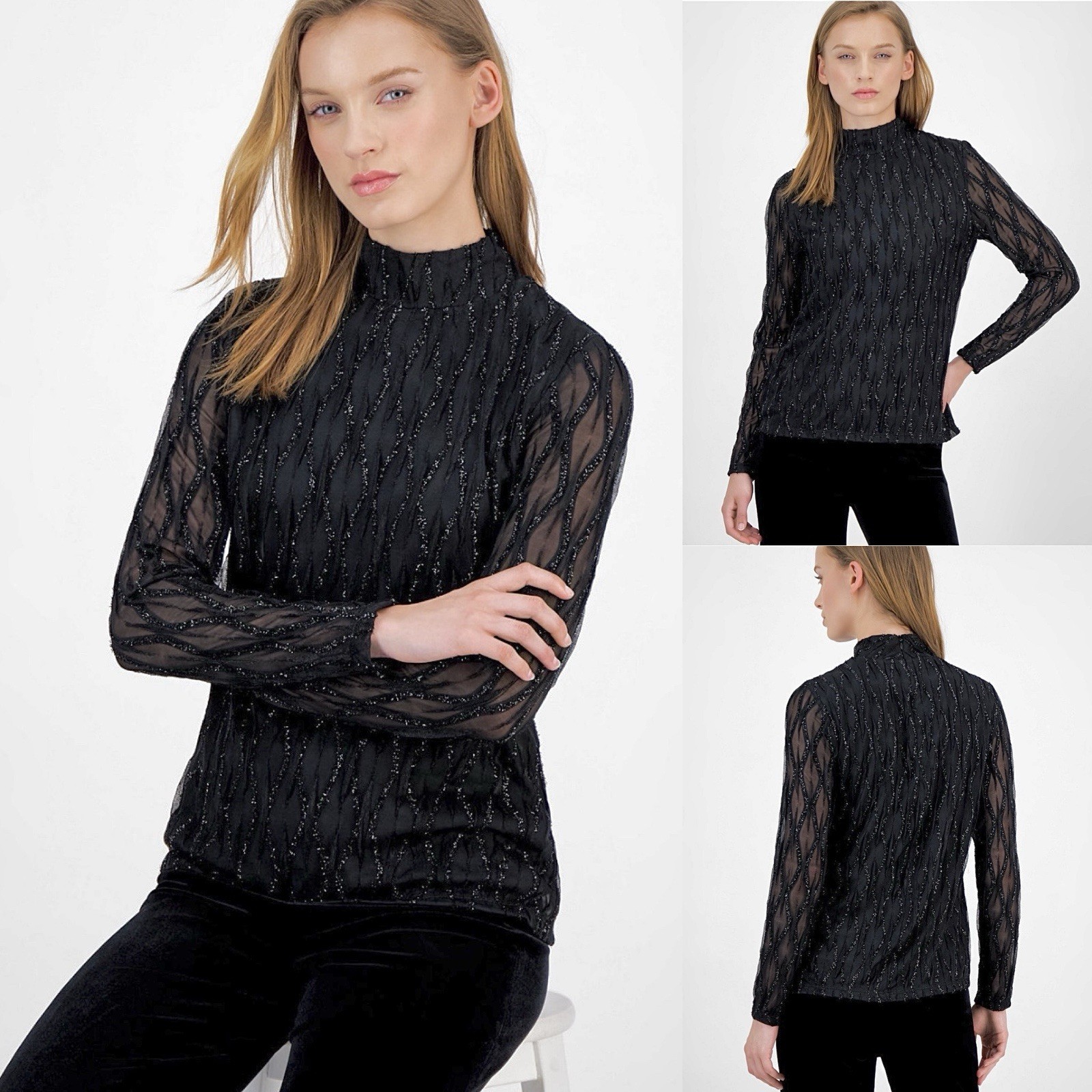 Anne Klein Mock Neck Glitter Textured Blouse M Long Sleeve Back Zip Hits at Hip
