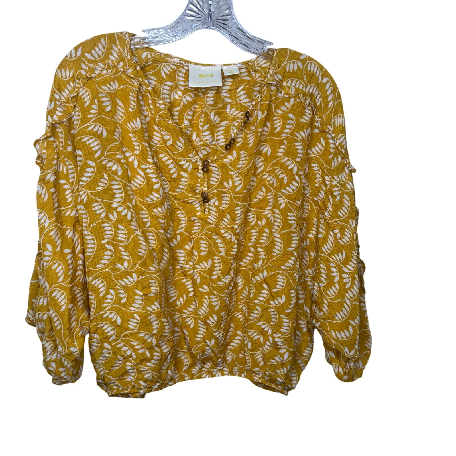 Maeve Anthropologie Yellow Leaf Print Blouse Women’s Small Boho Peasant Top