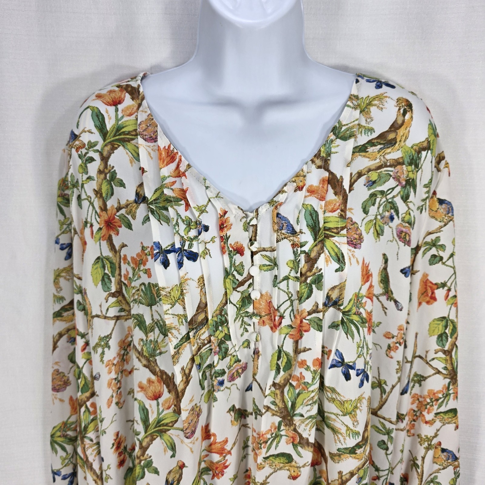 Rose + Olive Womens 3X White Bird Print Floral Blouse 3/4 Sleeve Pintuck High Lo