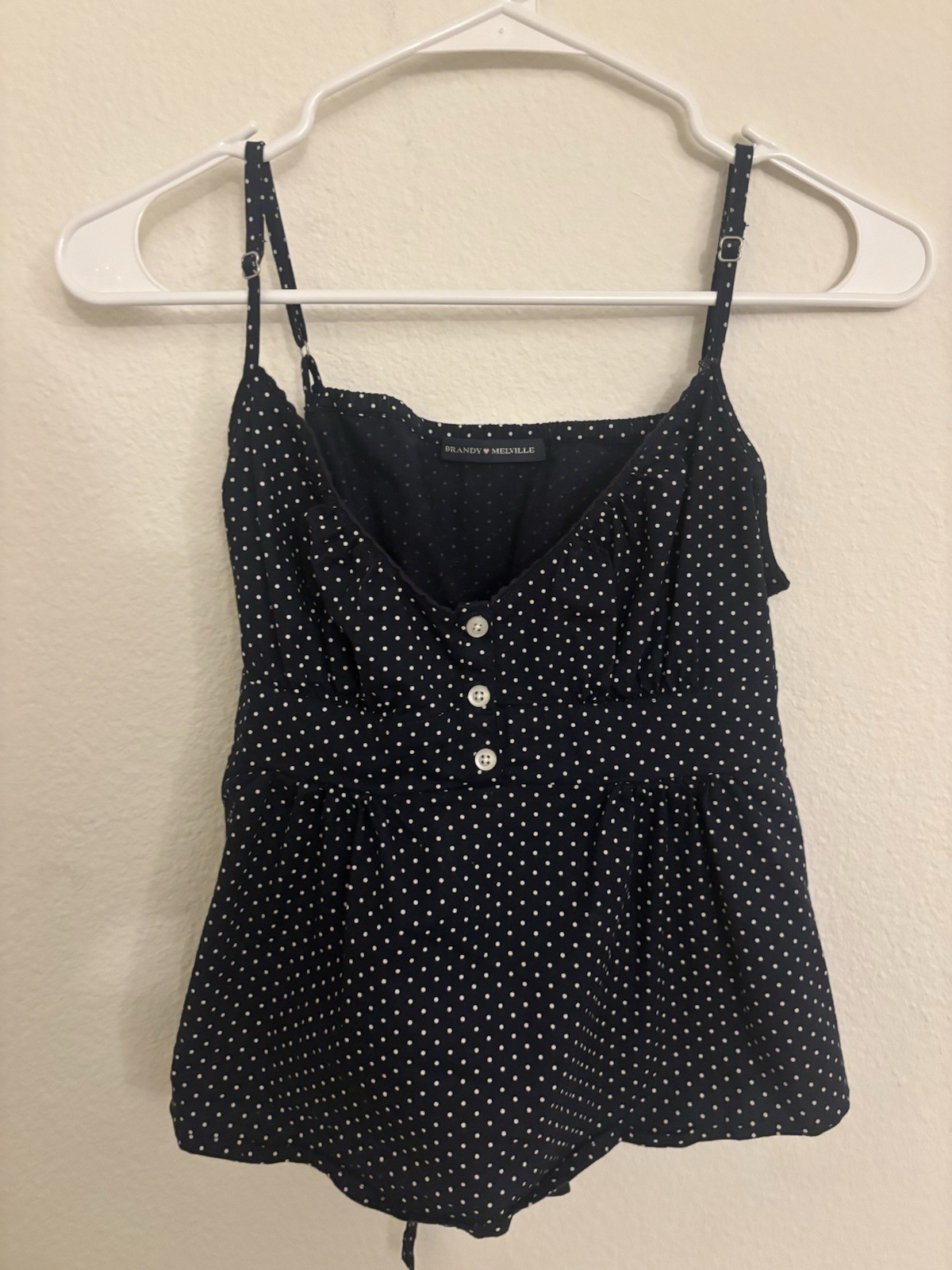 Brandy Melville Tiffany Tank Navy & White Polka Dot V-Neck Button Cami OS