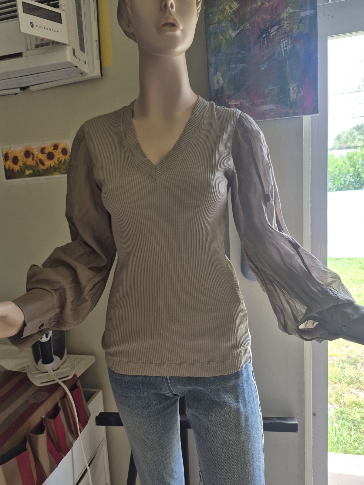 .Brunello Cucinelli Ribbed Cotton Top with Sheer Sleeves – Made in Italy.