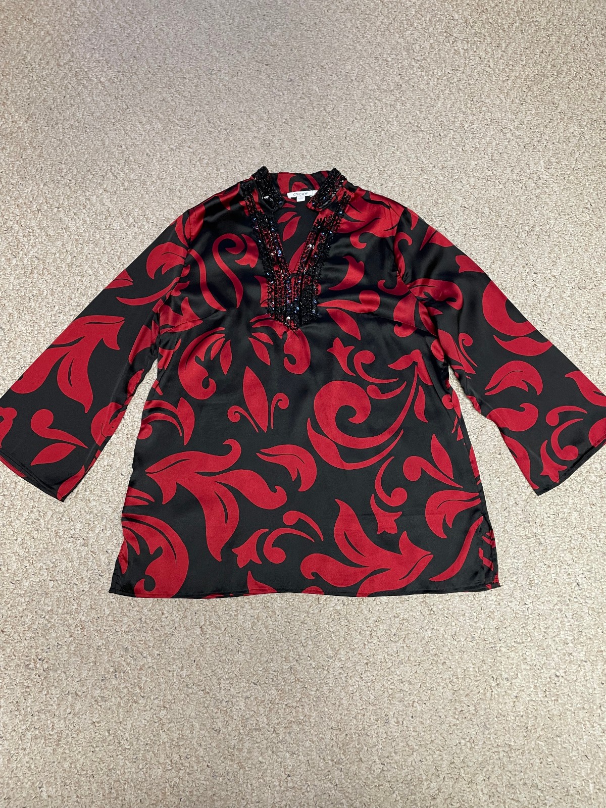 Chico’s satin tunic long sleeve beaded neckline blouse Red Allure Sz 1.5/10