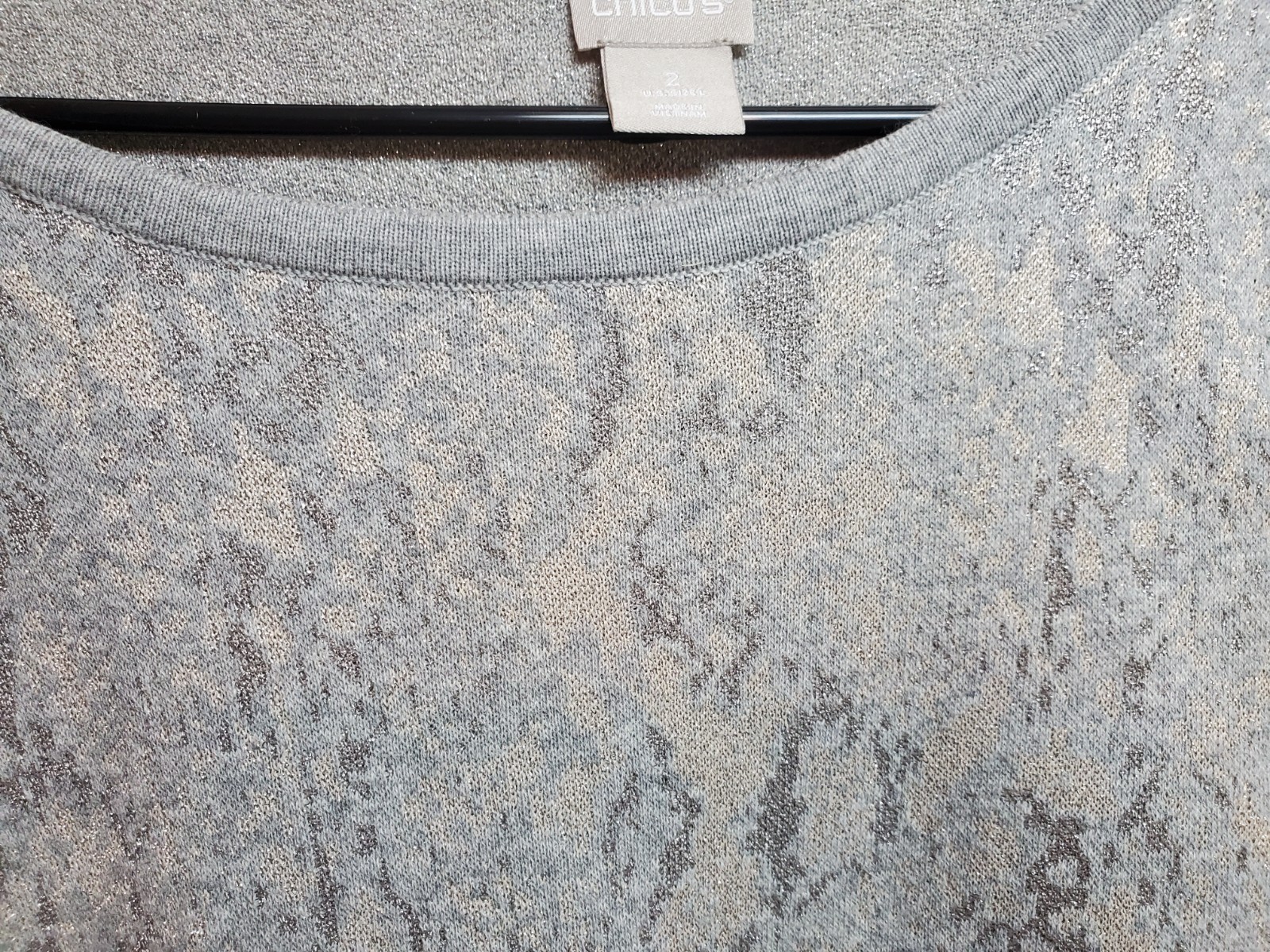 Chicos top, Size 2 Large Gray W/ silver & Gold Metallic Thread Accent