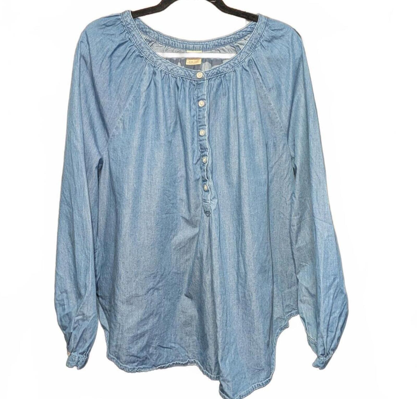 Sadie & Sage Blue Denim Chambray Peasant Blouse Long Sleeve Button Front XXL